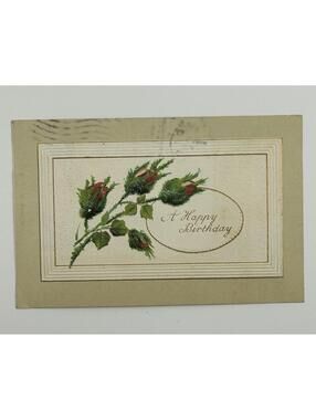 VTG Embossed Rose Birthday Postcard Unposted Antique Rosebuds Greeting Card E5